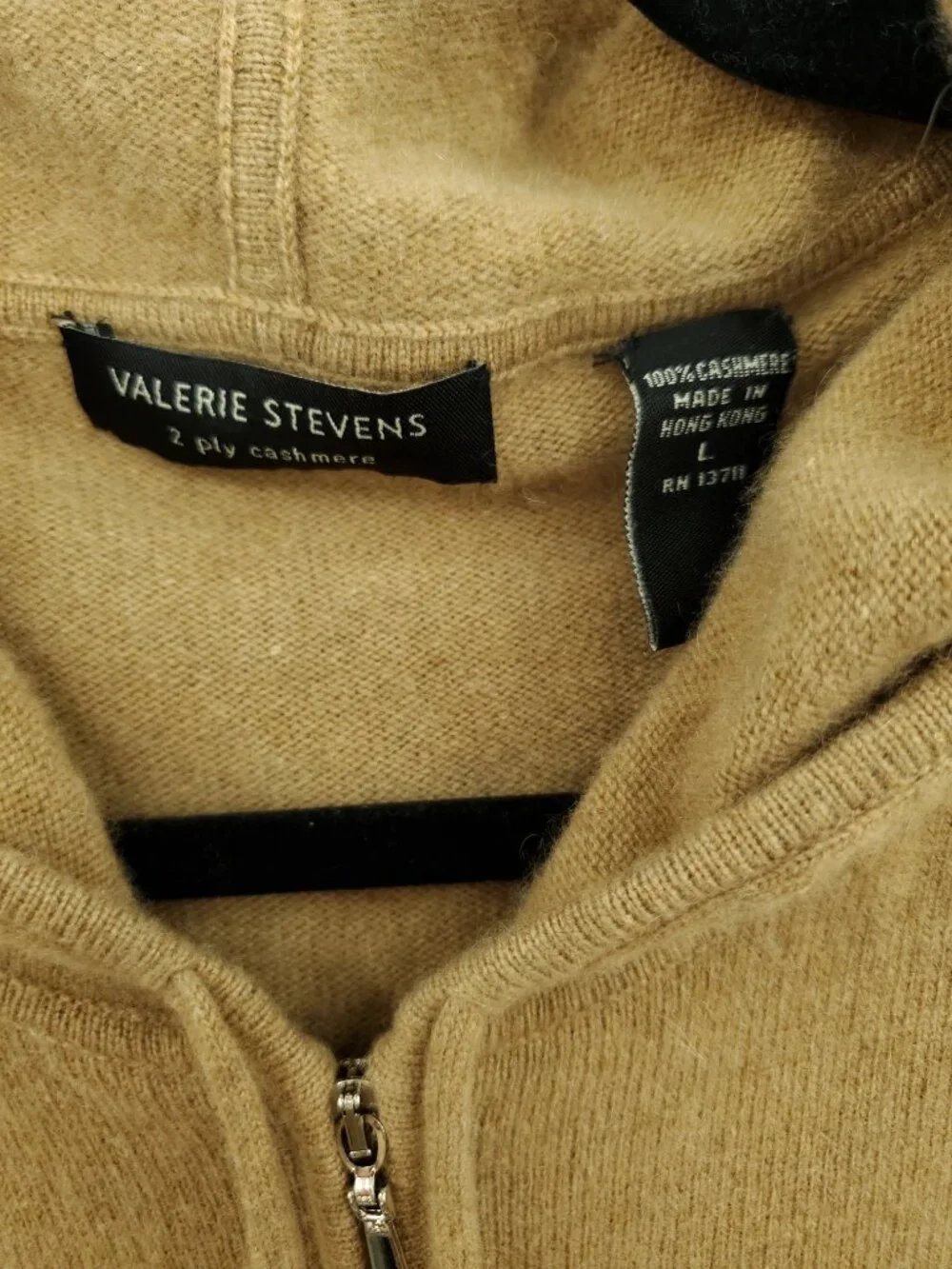 VTG Valerie Stevens Camel Brown 100% Cashmere Zip Hoodie Sweater Size L